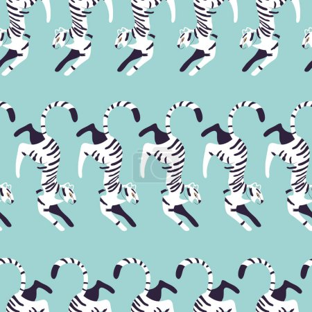 Ilustración de Patrón sin costuras con tigre blanco gato grande dibujado a mano, sobre fondo azul claro. Ilustración de vector plano colorido - Imagen libre de derechos