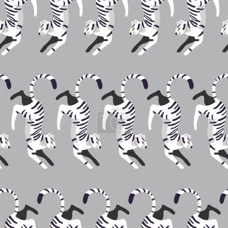 Illustration for Seamless pattern with hand drawn exotic big cat white tiger, on light gray background. Colorful flat vector illustration - Royalty Free Image