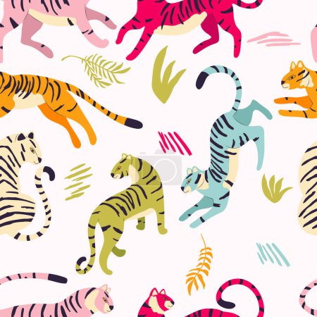 Illustration for Seamless pattern with hand drawn exotic big cat tigers, in different vibrant colors, with tropical plants and abstract elements on light cream background. Colorful flat vector illustration - Royalty Free Image