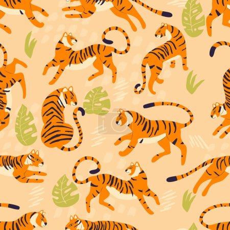 Ilustración de Patrón sin costuras con tigre de gato grande dibujado a mano, con plantas tropicales y elementos abstractos sobre fondo marrón claro. Ilustración de vector plano colorido - Imagen libre de derechos