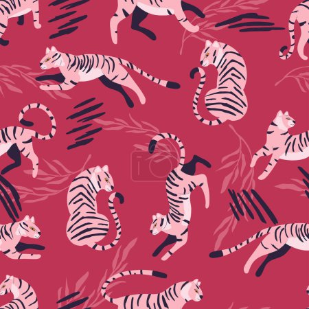 Ilustración de Patrón sin costuras con tigre exótico de color rosa gato grande dibujado a mano, con plantas tropicales y elementos abstractos sobre fondo viva magenta. Ilustración de vector plano colorido - Imagen libre de derechos