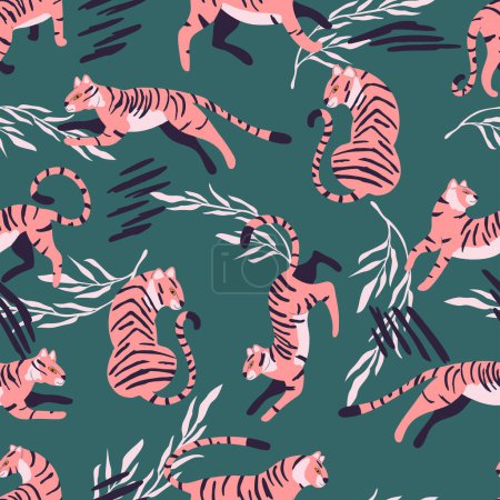 Ilustración de Patrón sin costuras con tigre exótico de color rosa gato grande dibujado a mano, con plantas tropicales y elementos abstractos sobre fondo verde. Ilustración de vector plano colorido - Imagen libre de derechos