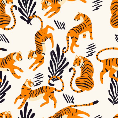 Ilustración de Patrón sin costuras con tigre de gato grande exótico dibujado a mano, con plantas tropicales y elementos abstractos sobre fondo crema. Ilustración de vector plano colorido - Imagen libre de derechos