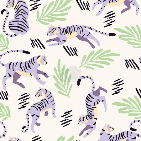 Ilustración de Patrón sin costuras con tigre púrpura de gato grande dibujado a mano, con plantas tropicales y elementos abstractos sobre fondo blanco. Ilustración de vector plano colorido - Imagen libre de derechos