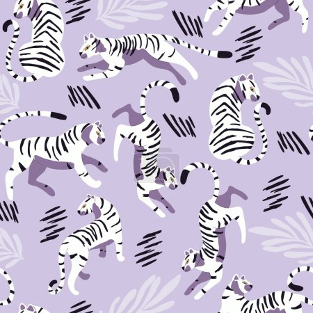 Téléchargez les illustrations : Modèle sans couture avec tigre blanc exotique grand chat dessiné à la main, avec des plantes tropicales et des éléments abstraits sur fond violet clair. Illustration vectorielle plate colorée - en licence libre de droit