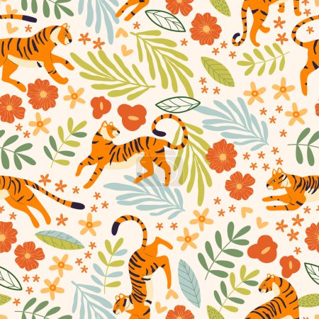 Ilustración de Patrón sin costuras con tigre de gato grande dibujado a mano, con plantas tropicales, flores y elementos abstractos sobre fondo blanco. Ilustración de vector plano colorido - Imagen libre de derechos