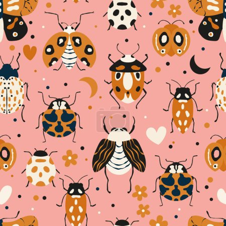Photo for Seamless pattern with cute bugs, beetles, moth and insects, with floral elements, hearts and dots. Colorful hand drawn vector illustration - Royalty Free Image