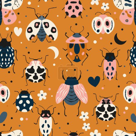 Photo for Seamless pattern with cute bugs, beetles, moth and insects, with floral elements, hearts and dots. Colorful hand drawn vector illustration - Royalty Free Image