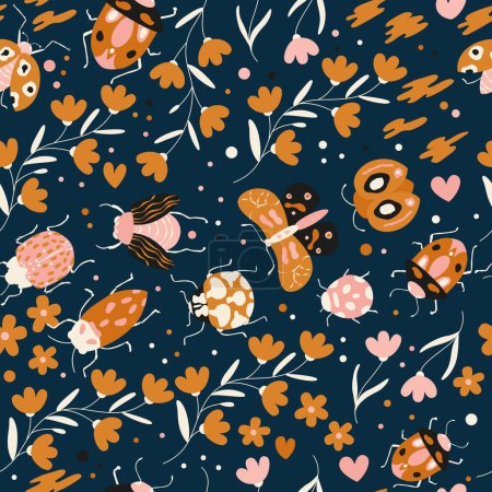 Illustration for Seamless pattern with cute bugs, beetles, moth and insects, with floral elements, hearts and dots. Colorful hand drawn vector illustration - Royalty Free Image