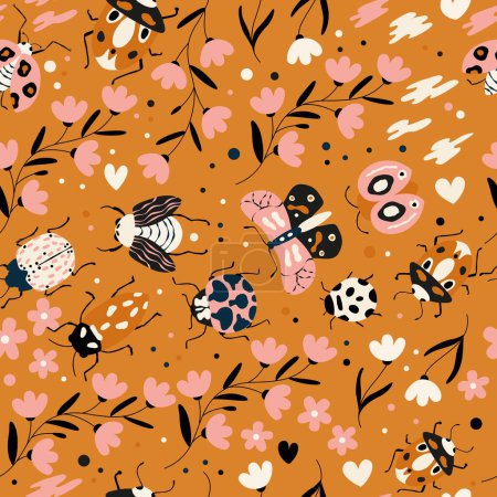 Illustration for Seamless pattern with cute bugs, beetles, moth and insects, with floral elements, hearts and dots. Colorful hand drawn vector illustration - Royalty Free Image