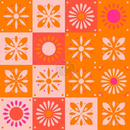 Photo for Seamless pattern with traditional ornate decorative tiles. Portuguese ceramic square tiles in orange, red and pink. Colorful vector illustration. - Royalty Free Image