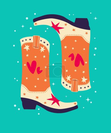 Illustration for Hand drawn orange cowboy boots with hearts and stars on mint background. Cute greeting card vector illustration. Bright colorful design. - Royalty Free Image