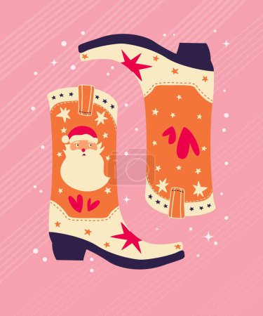 Illustration for Christmas cowboy boots with Santa Claus, stars and hearts on pink background. Cute festive winter holiday greeting card vector illustration. Bright colorful design. - Royalty Free Image
