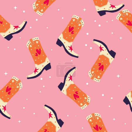Illustration for Cowboy boots with stars and hearts on pink background, seamless pattern. Cute festive repeat pattern. Bright colorful vector design. - Royalty Free Image