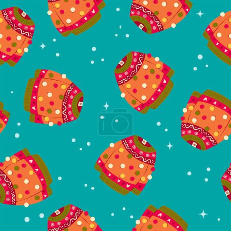 Illustration for Cute vibrant hand drawn sweater with winter decoration and pom-poms seamless pattern. Colorful holiday vector illustration on blue background. Vibrant repeat design. - Royalty Free Image