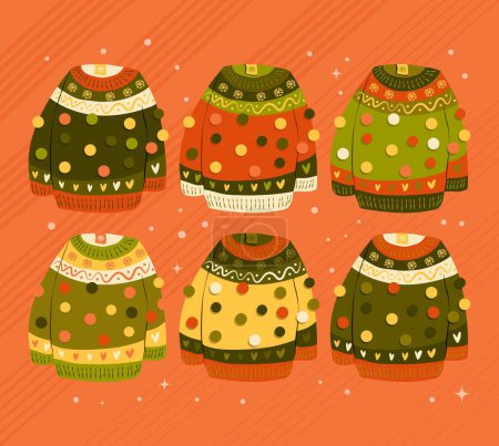 Illustration for Collection of six cute vibrant hand drawn sweaters with winter decoration and pom-poms. Colorful holiday vector illustration. - Royalty Free Image