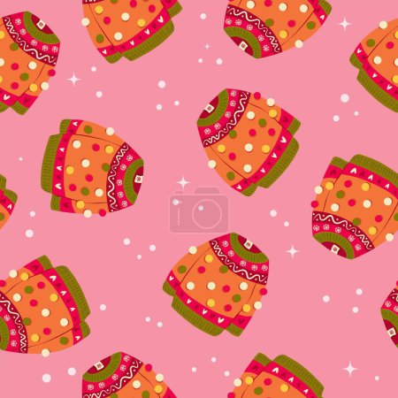 Illustration for Cute vibrant hand drawn sweater with winter decoration and pom-poms seamless pattern. Colorful holiday vector illustration on pink background. Vibrant repeat design. - Royalty Free Image
