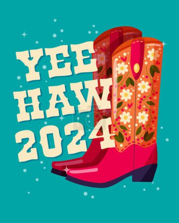 Illustration for A pair of cowboy boots decorated with flowers and a hand lettering message Yeehaw 2024 on blue background. Happy New Year colorful hand drawn vector illustration in bright vibrant colors. Greeting card design. - Royalty Free Image