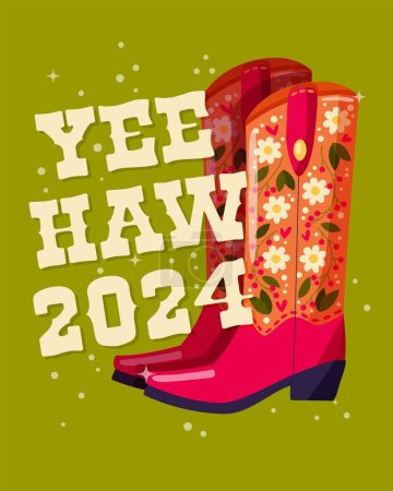 Illustration for A pair of cowboy boots decorated with flowers and a hand lettering message Yeehaw 2024 on green background. Happy New Year colorful hand drawn vector illustration in bright vibrant colors. Greeting card design. - Royalty Free Image