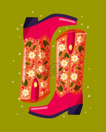 Téléchargez les illustrations : Une paire de bottes de cow-boy décorées de fleurs sur fond vert. Illustration vectorielle vibrante et colorée. - en licence libre de droit