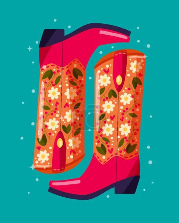Illustration for A pair of cowboy boots decorated with flowers on blue background. Vibrant and colorful vector illustration. - Royalty Free Image