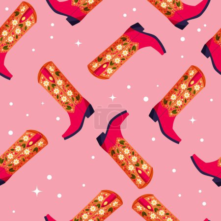 Illustration for Cowboy boots with flowers and hearts on vibrant pink background, seamless pattern. Cute festive repeat pattern. Bright colorful vector design. - Royalty Free Image