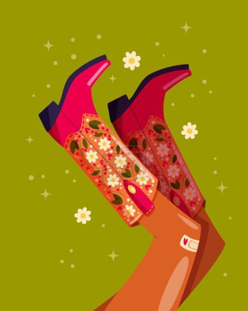 Illustration for Woman legs with cowboy boots decorated with flowers. Cowgirl with cowboy boots. American western theme. Colorful vibrant vector illustration. - Royalty Free Image