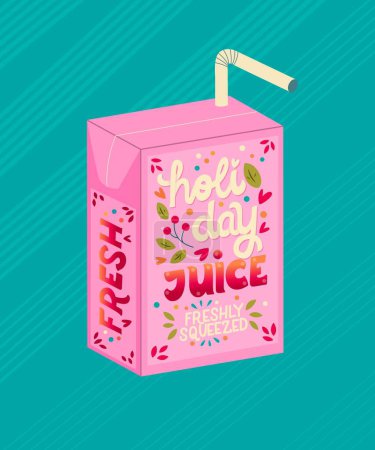 Illustration for Juice box with hand lettering holiday juice. Cute festive winter holiday illustration. Bright colorful pink and blue vector design. - Royalty Free Image