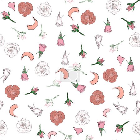 Illustration for Seamless pattern rose petals, buds and flowers. Confetti, cosmetics, wedding, beautiful flower background. - Royalty Free Image