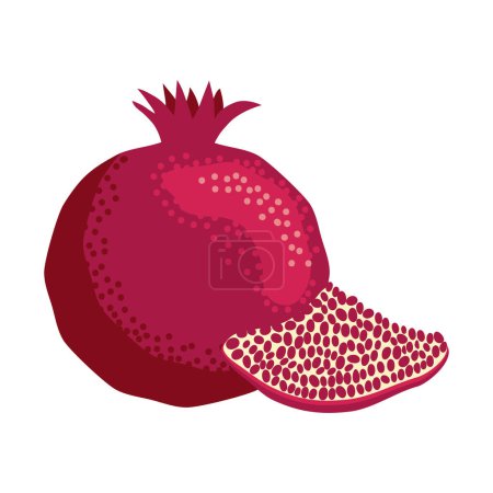 Illustration for Pomegranate whole and pieces, cut with seeds. Stylized juicy fruit. Symbol of good luck, eternal life, love, fertility, abundance. Symbol of Israel and Azerbaijan - Royalty Free Image
