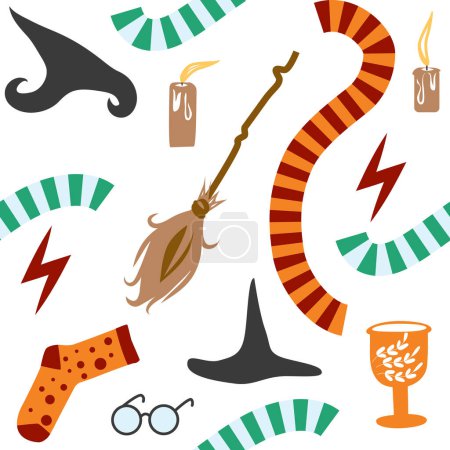 Witches school of magical objects seamless pattern in flat style. Broom, candle, skull, zipper, scarf, hat, potion, glasses knife