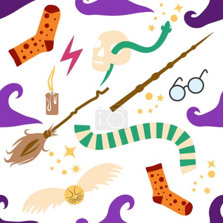 Witches school of magical objects seamless pattern in flat style. Broom, candle, skull, zipper, scarf, hat, potion, glasses knife