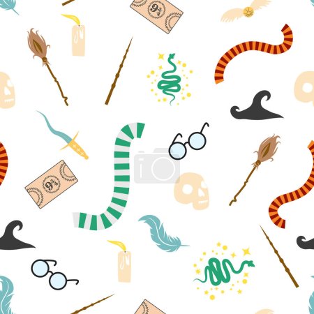 Illustration for Magic items seamless pattern in flat style. School of Magic. Pumpkin, key, magic ball, feather, spider, hat, broom, skull, snake, goblet, wand, candle snitch book faculty ticket cauldron card - Royalty Free Image