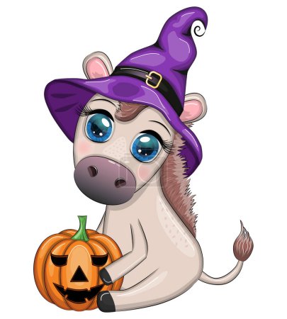 Illustration pour Mignon âne en chapeau de sorcière pourpre, avec balai, citrouille, potion. Carte Halloween pour les vacances - image libre de droit