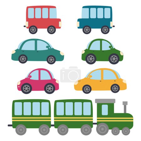 Téléchargez les illustrations : Autobus, train. Design pour enfants. Transports urbains - en licence libre de droit