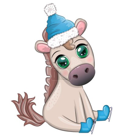 Lindo caballo, pony en el sombrero de Santa con dulces kane, bola de Navidad, regalo, patinaje sobre hielo. Invierno, Navidad, deportes