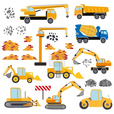 Baumaschinen-Set. Spezielle Maschinen für Bauarbeiten. Gabelstapler, Betonmischer, Kräne, Bagger, Traktoren, Planierraupen
