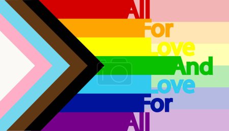 Illustration for All for love and love for all, LGBT flag and inscription. Pride Flag Queer LGBTQIA, BIPOC, Trans, Gay, Lesbian, Bisexual, Asexual, Intersex - Royalty Free Image