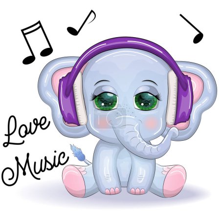 Illustration for Cute cartoon elephant, childish character with beautiful eyes wearing headphones, music lover listening to music or learning lessons - Royalty Free Image