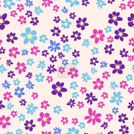 Nahtloses Wiesenmuster mit Blüten mit rosa, lavendel, blauer, lila Kamillenblüte und Blättern. Kindlich, feminin, sanft