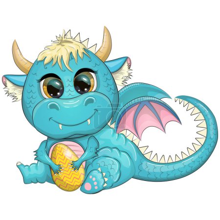 Illustration for Cute cartoon baby dragon with an easter egg. Symbol of 2024 according to the Chinese calendar - Royalty Free Image