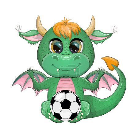 Nette Cartoon grünen Drachen und Fußball, Spiel. Symbol des Jahres 2024 nach dem chinesischen Kalender