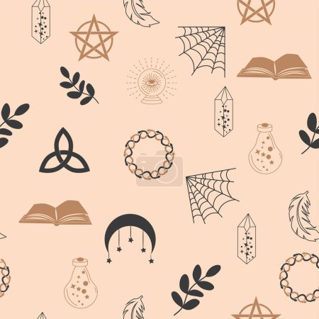 Illustration for Magic and heaven seamless pattern, with magical elements such as snake, eye, tarot cards, hand, skull, potion, moon, butterfly, mushrooms, stars. Symbols and elements of the witchcraft theme. - Royalty Free Image