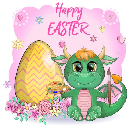 Illustration for Cute cartoon green baby dragon with an easter egg. Symbol of 2024 according to the Chinese calendar. - Royalty Free Image