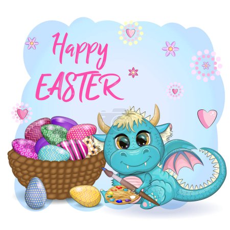 Illustration for Cute cartoon green baby dragon with an easter egg. Symbol of 2024 according to the Chinese calendar. - Royalty Free Image