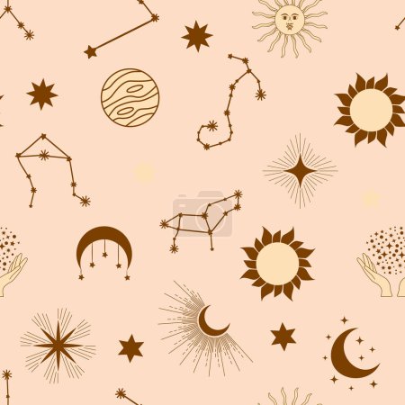 Illustration for Magic seamless pattern with constellations, sun, moon, magic eyes, clouds and stars. Mystical esoteric background for design - Royalty Free Image