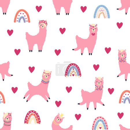 Cute pattern with llamas, cacti, Alps mountains, dream catcher, rainbows and hearts. Children's room design, printed fabric, wallpaper, packaging