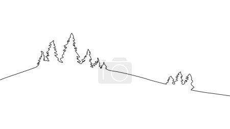 Self-drawing a simple animation of one continuous drawing of one line of Christmas trees, forests on the background