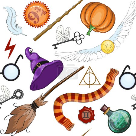 Magic items seamless pattern in flat style. School of Magic. Pumpkin, key, magic ball, feather, spider, hat, broom skull snake