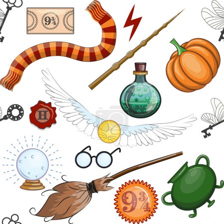 Illustration for Magic items seamless pattern in flat style. School of Magic. Pumpkin, key, magic ball, feather, spider, hat, broom skull snake - Royalty Free Image